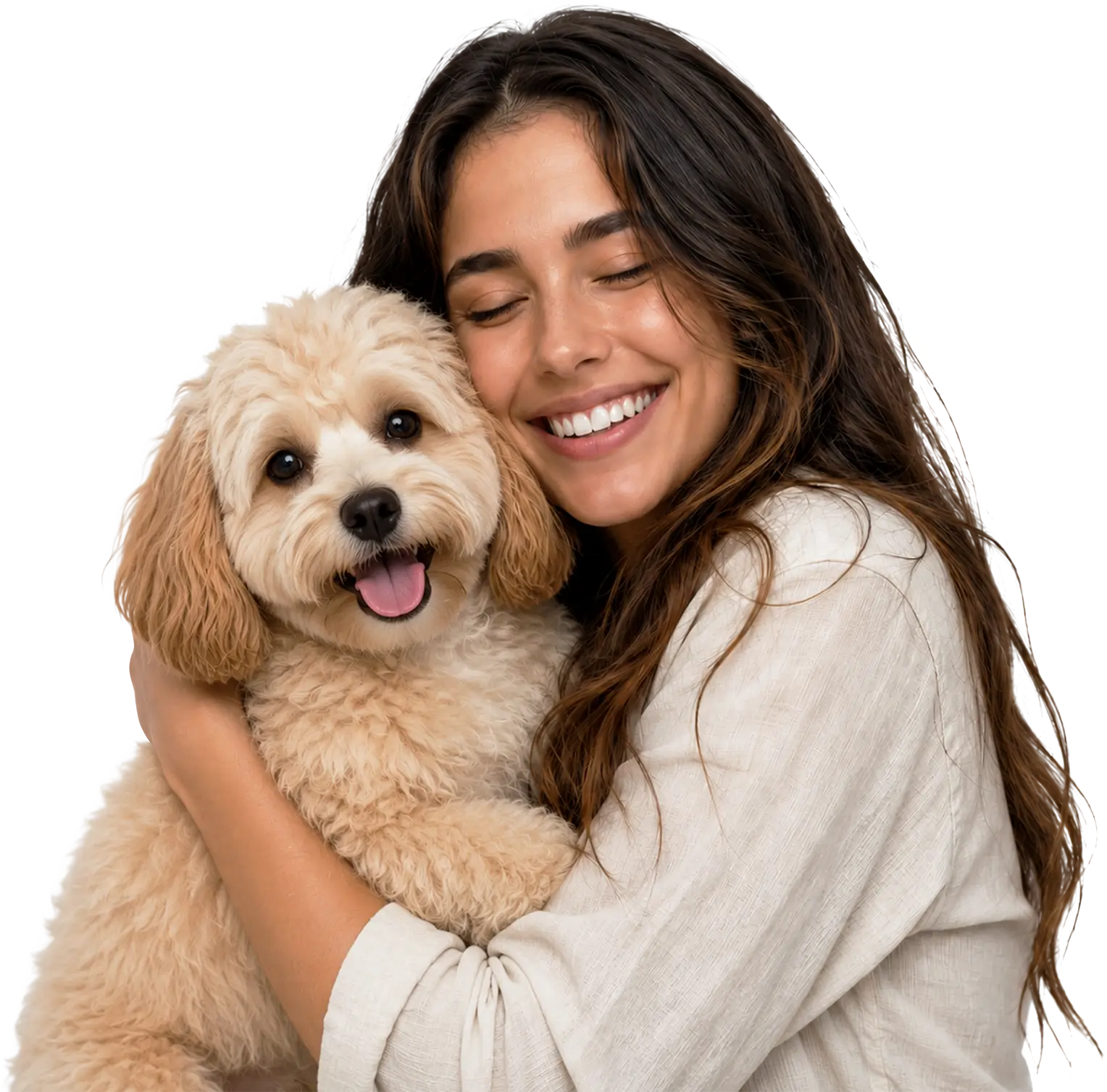 Mulher sorrindo com seu cachorro