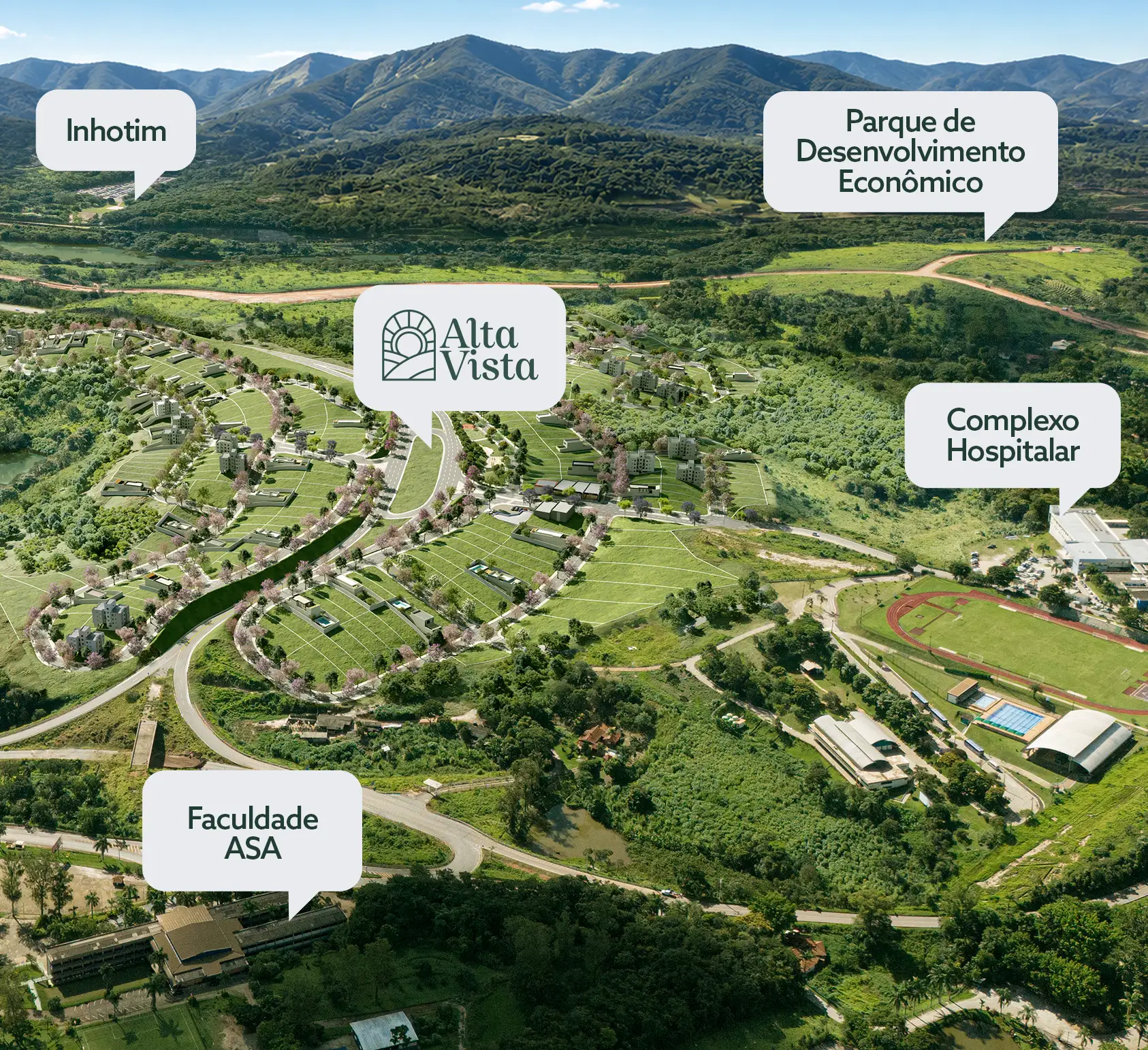 Localização do Alta Vista perto do Inhotim, Parque de Desenvolvimento Econômico, Complexo Hospitalar e Faculdade ASA